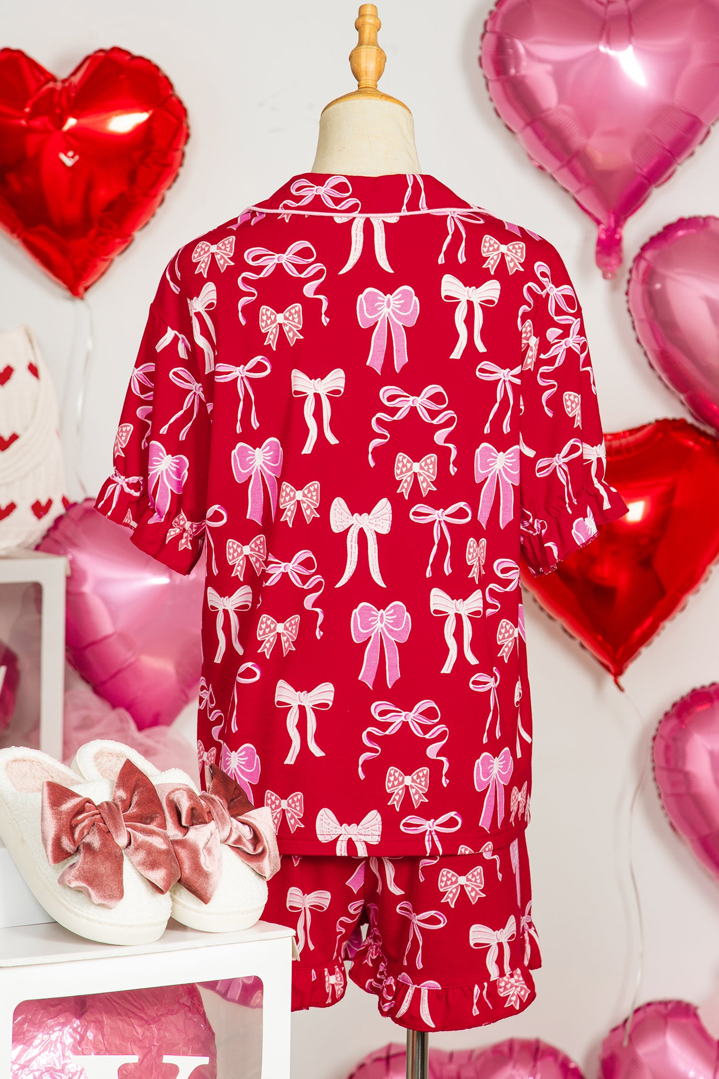 Red Sweet Bow Print Ruffled Short Sleeve Shirt Shorts 2pcs Pajama Set - Snoopy's Closet