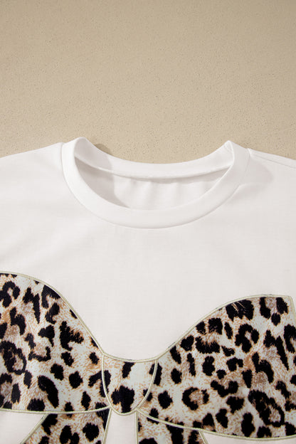 Vestido largo de manga corta con lazo de leopardo y contraste blanco