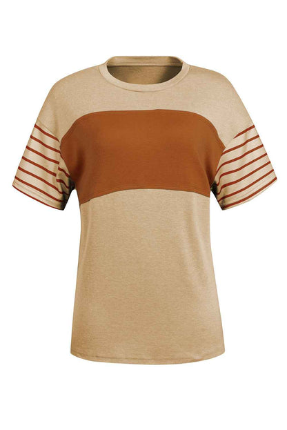 Tan Color Block Striped Detail Loose T Shirt