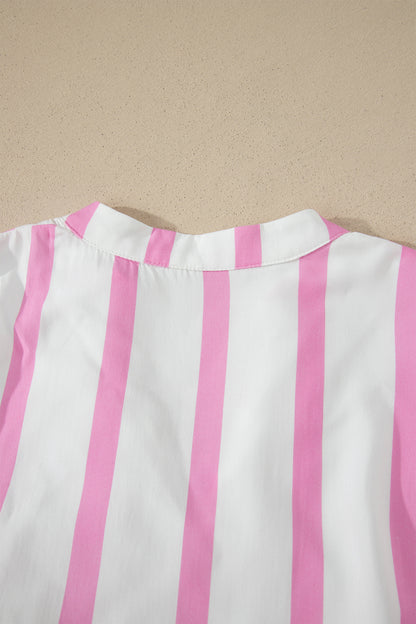 Pink Stripe Ricrac Trim Notched Neck Half Sleeve Vacation Dress - Snoopy's Closet