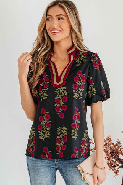 White Floral Short Bubble Sleeve Contrast Slit Neckline Blouse