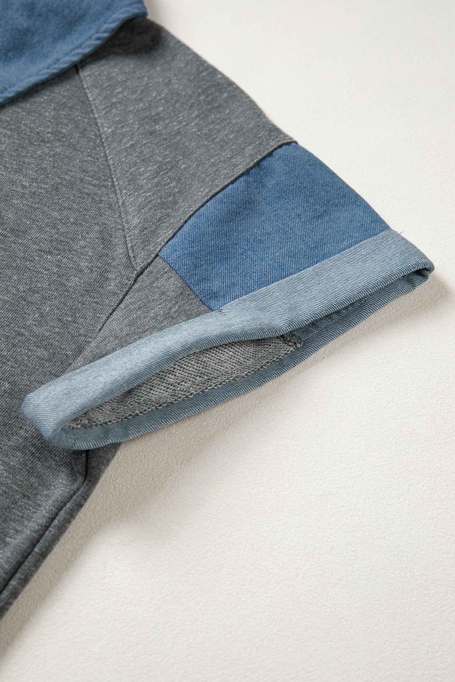 Carbon Grey Denim Color Block Patchwork Shirt Collar Short Sleeve Blouse