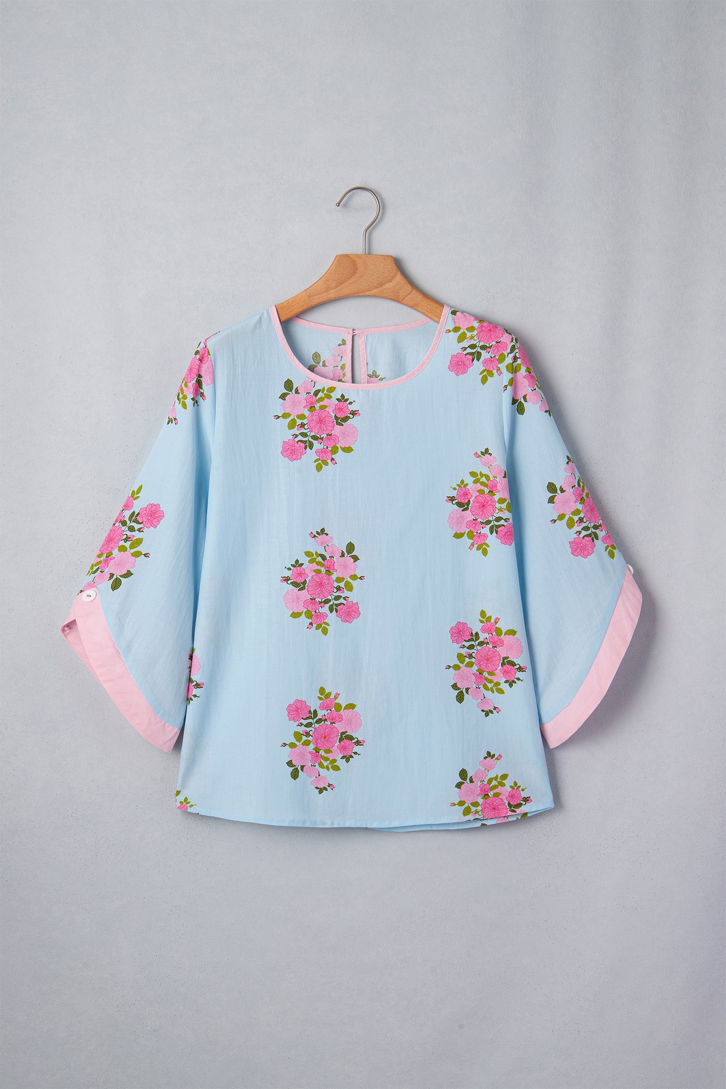 Sky Blue Floral Print Button Cuffed 3/4 Sleeve Round Neck Blouse - Snoopy's Closet