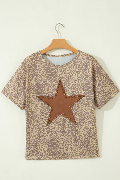 Khaki Leopard Retro Studded Star Patch Loose Tee - Snoopy's Closet