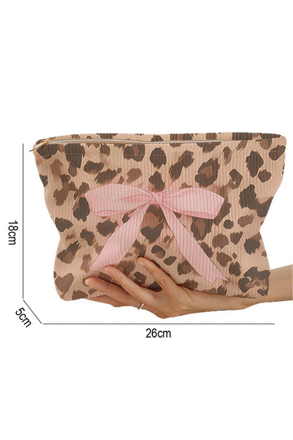 Camel Ribbon Bow Leopard Print Ribbed Cloth Makeup Bag - Snoopy's Closet