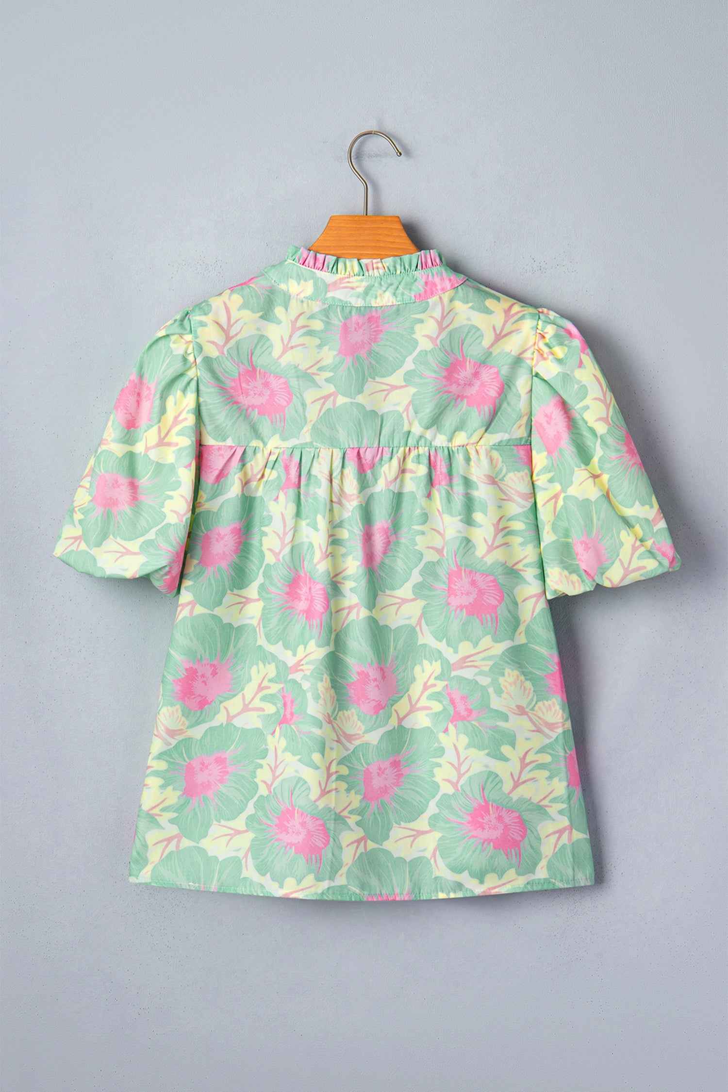 Green Short Bubble Sleeve Summer Floral Blouse