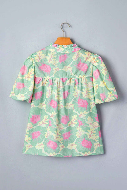 Green Short Bubble Sleeve Summer Floral Blouse