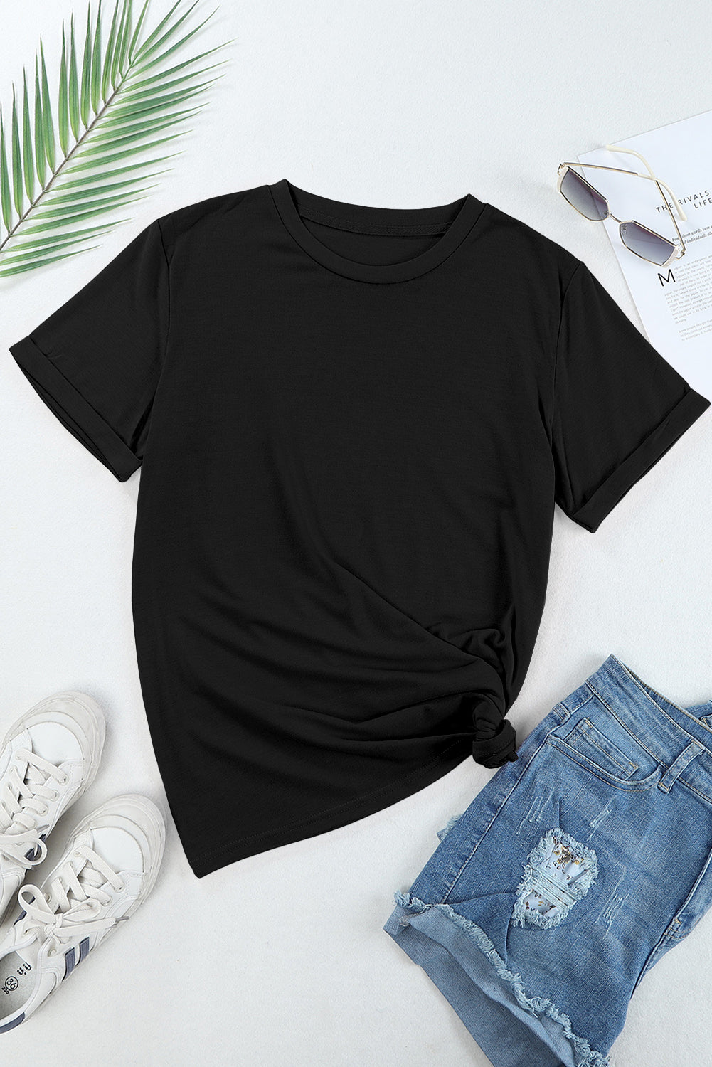Black Casual Plain Crew Neck Tee - Snoopy's Closet