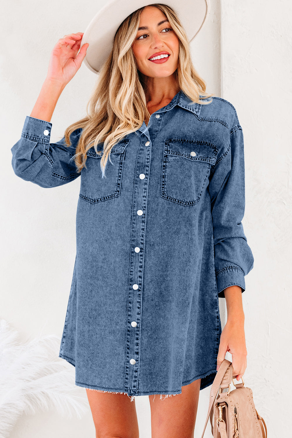 Blue Beau Chest Pocket Raw Hem Denim Loose Shirt Dress - Snoopy's Closet