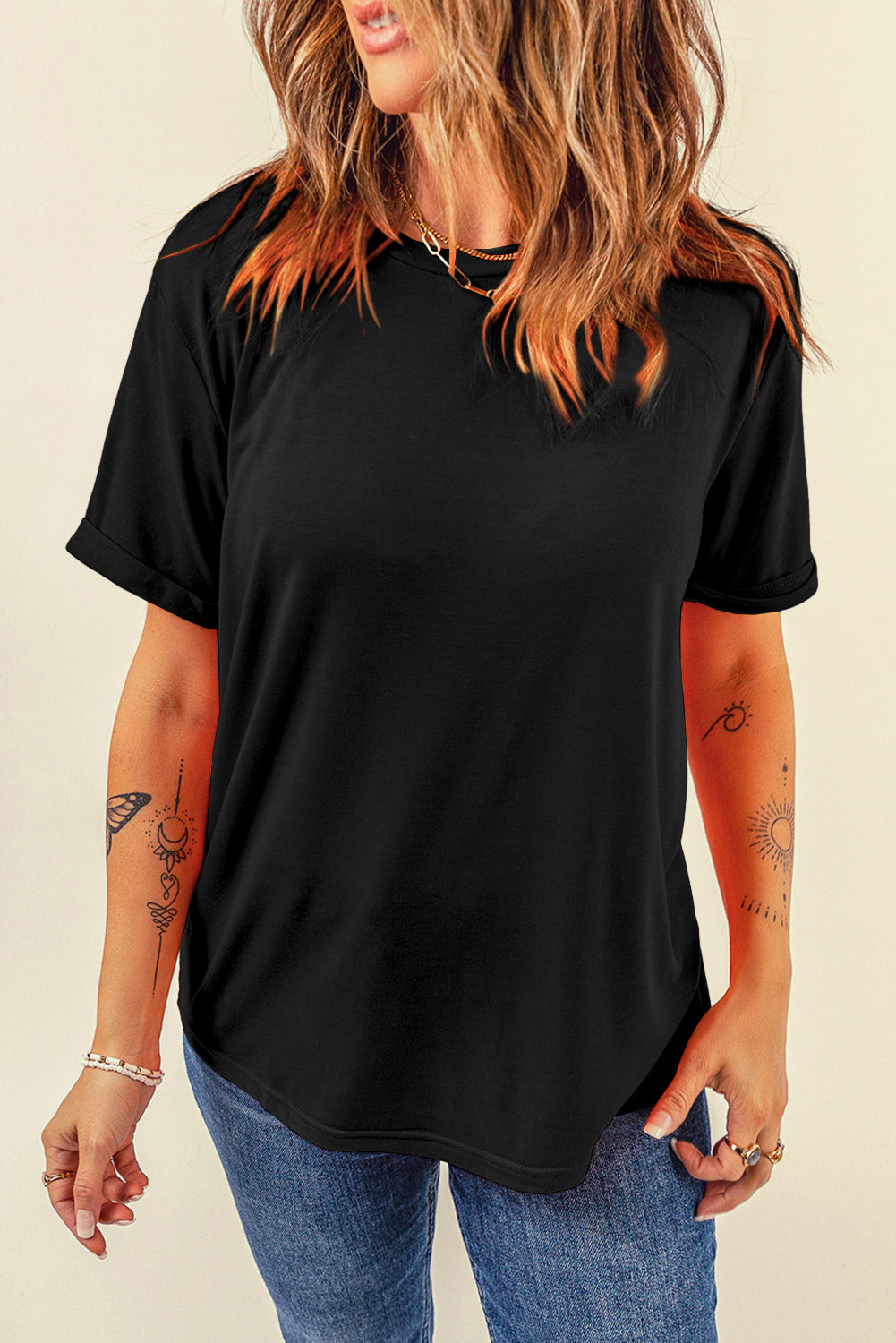 Black Casual Plain Crew Neck Tee - Snoopy's Closet