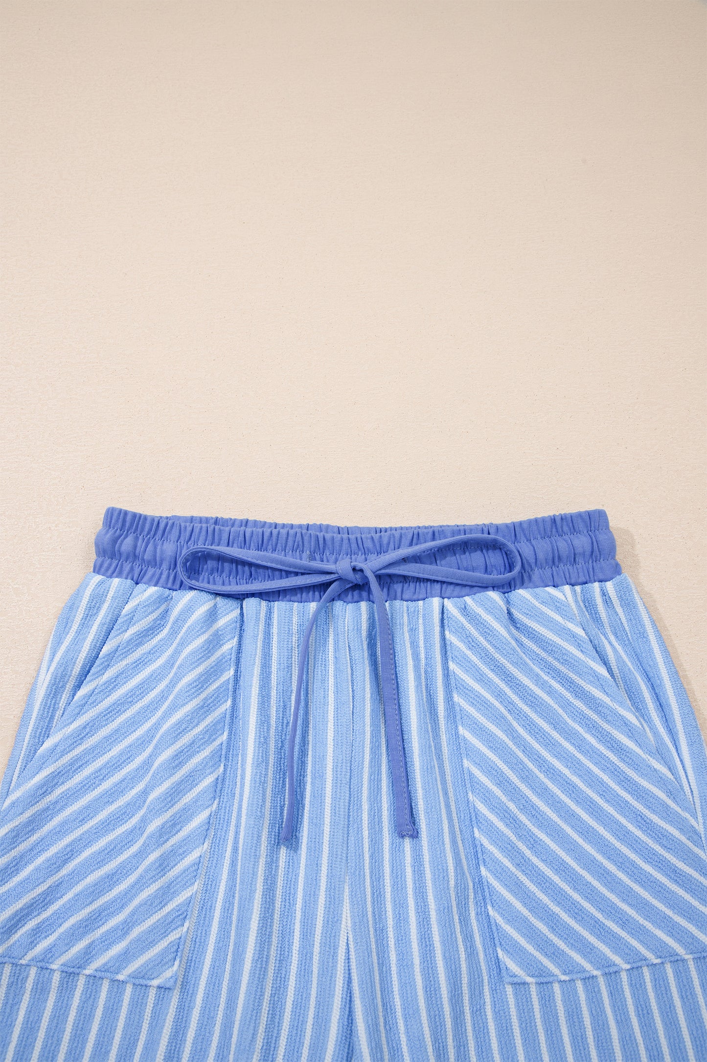 Sky Blue Stripe Crew Neck Tee Drawstring Waist Cropped Pants Set - Snoopy's Closet
