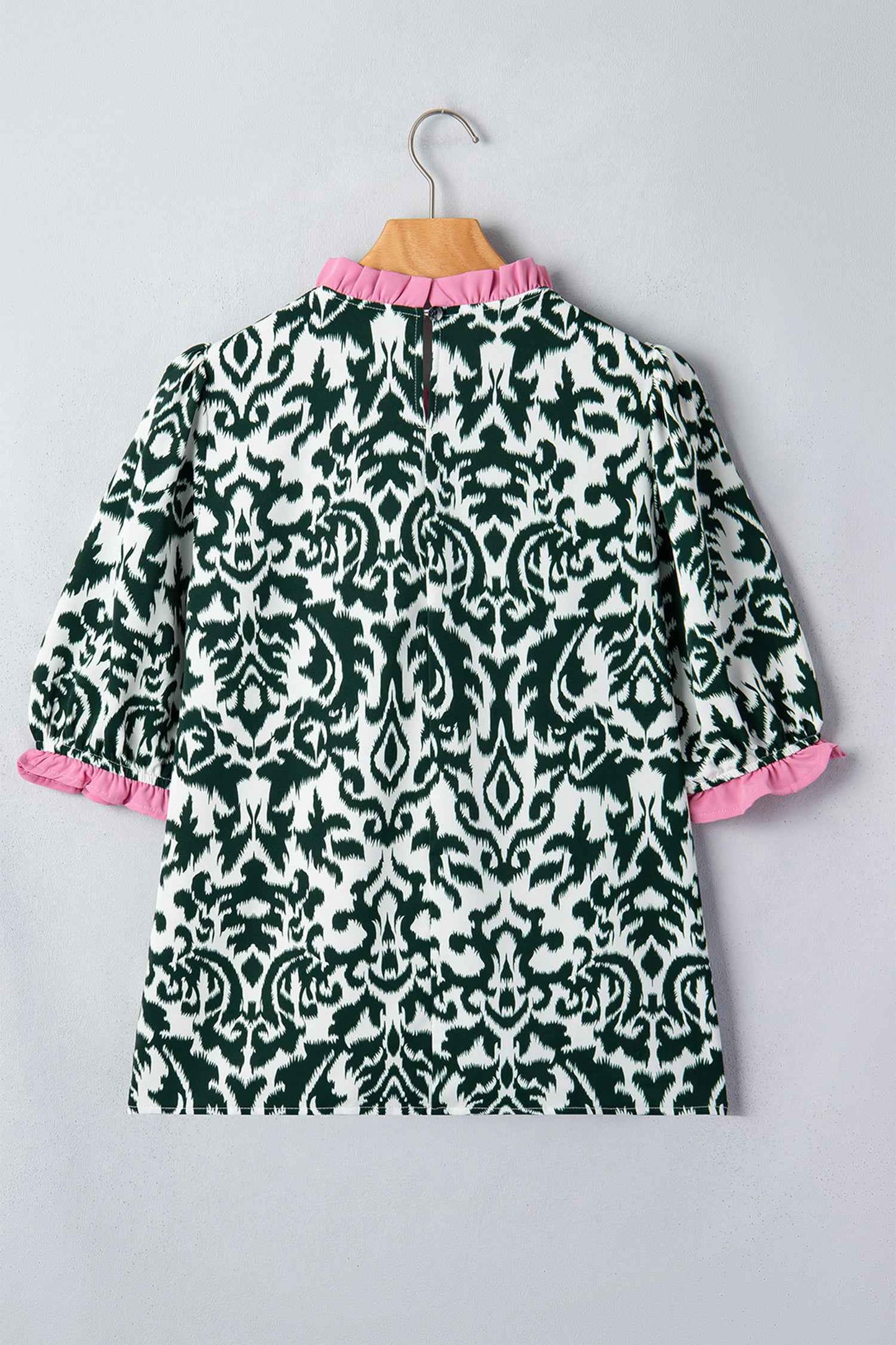 Green Damask Print Ruffled Color Block Detail Half Sleeve Blouse