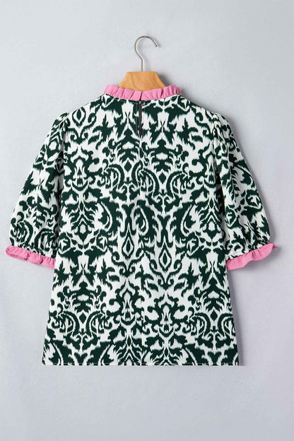 Green Damask Print Ruffled Color Block Detail Half Sleeve Blouse