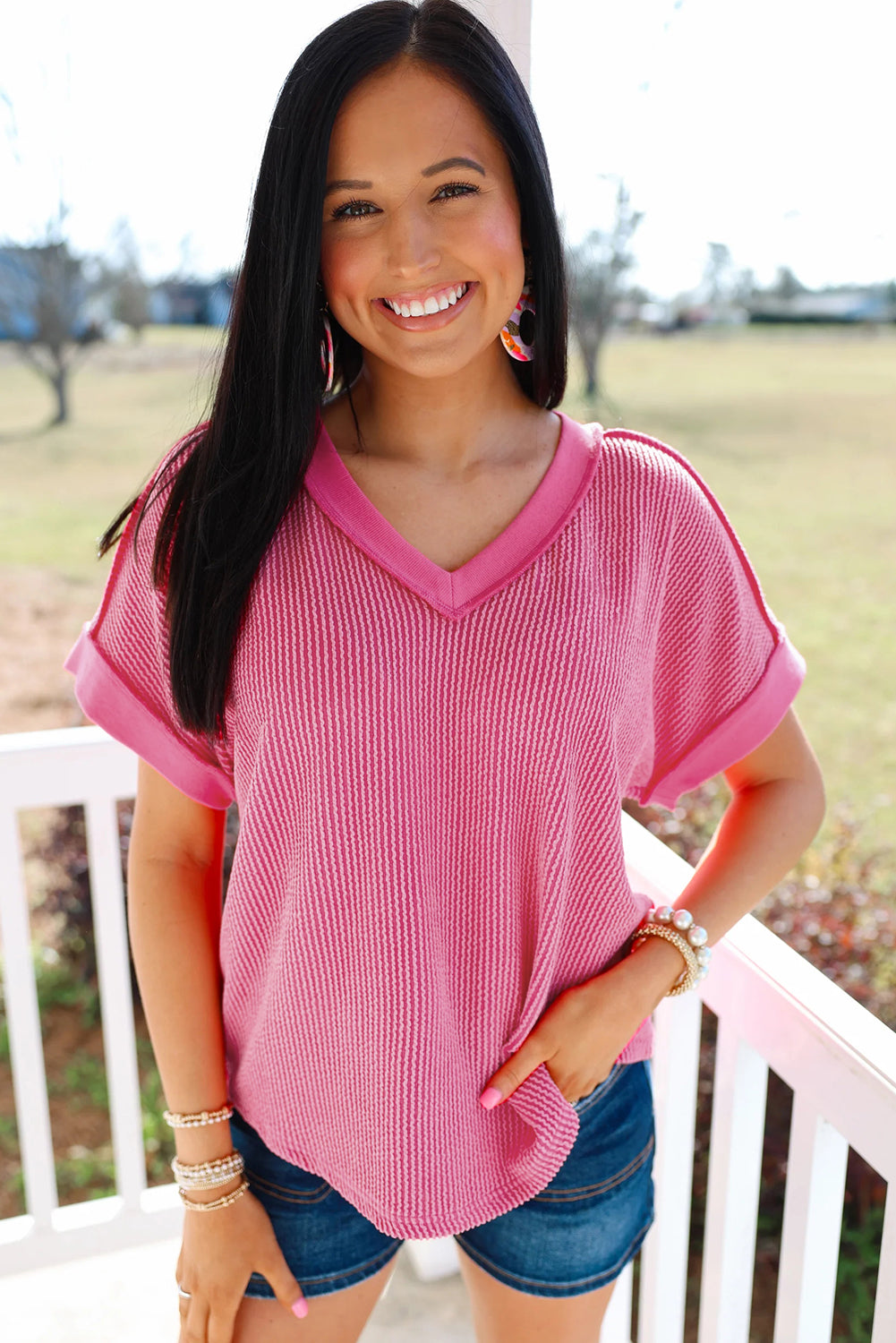 Rose Red Twisted Ribbed Knit V Neck Casual Tee - Snoopy's Closet