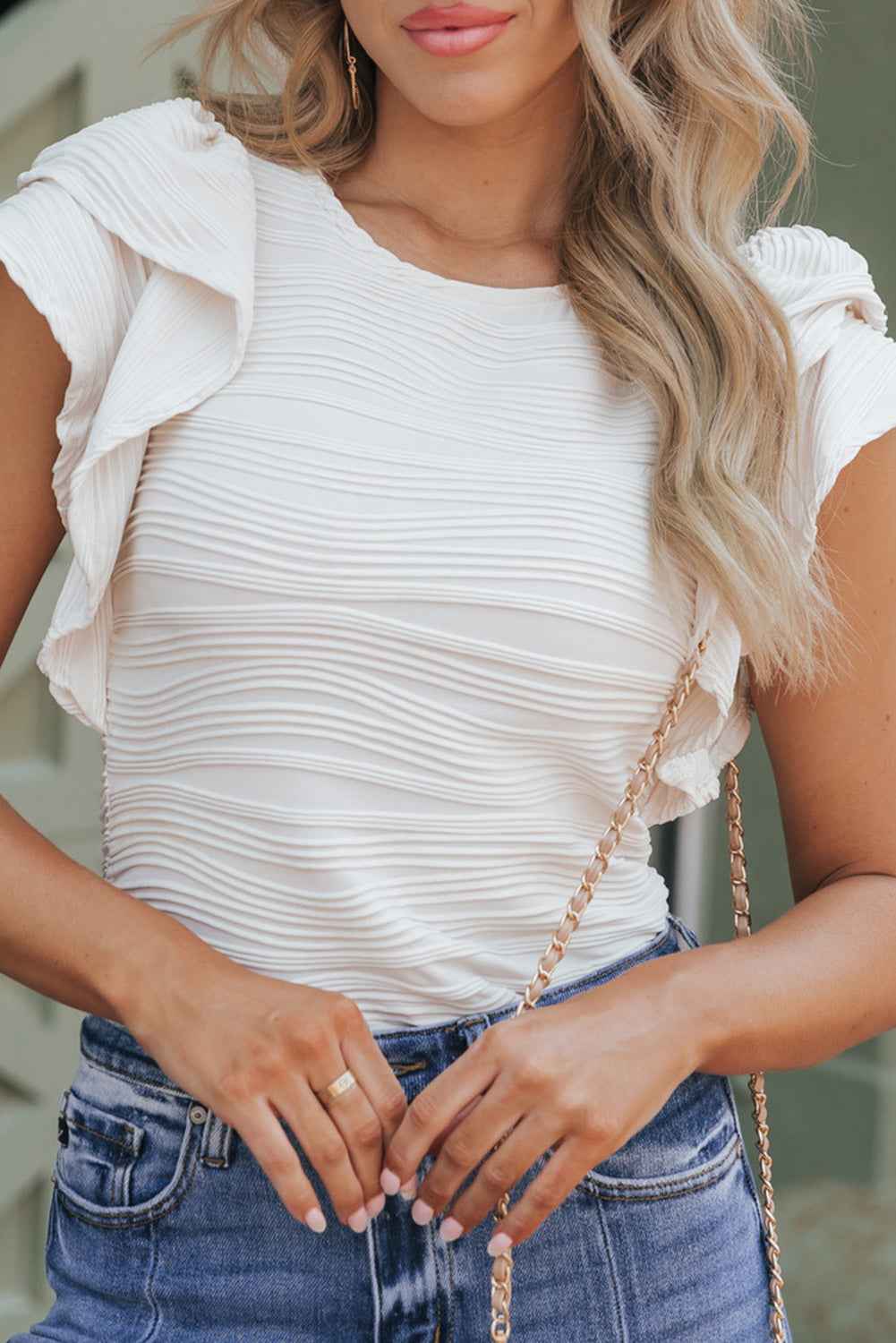 Real Teal Wavy Textured Ruffle Sleeve Top
