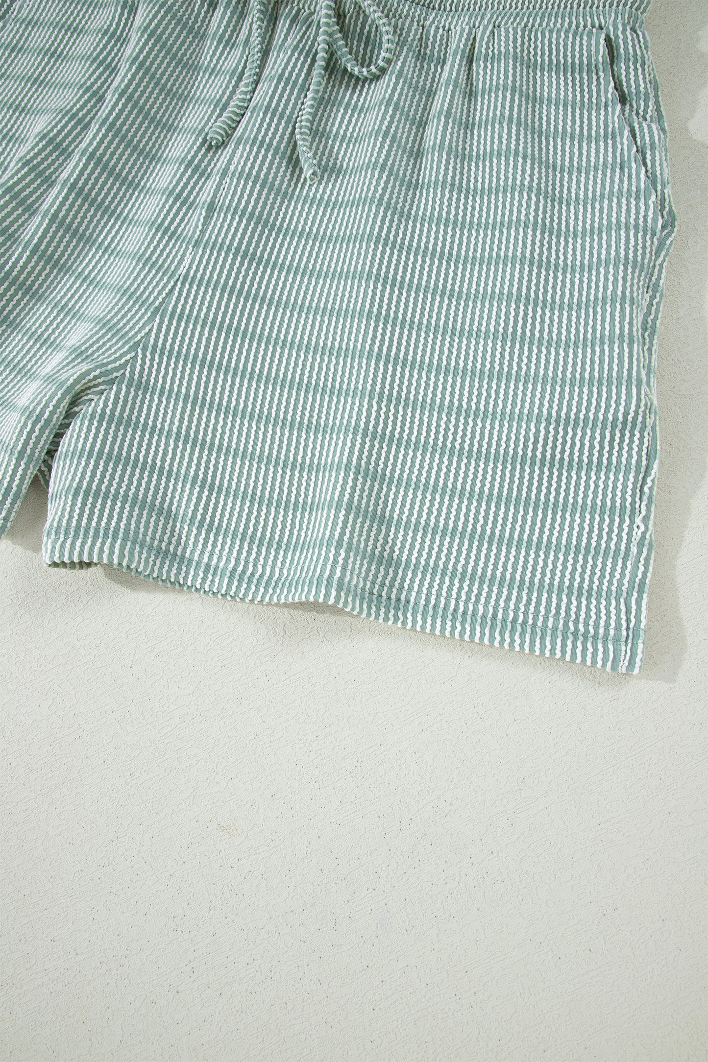 Green Stripe Raised Rib Loose Tee Drawstring Elastic Waist 2pcs Short Set
