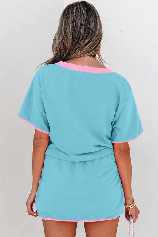 Conjunto de 2 piezas de camiseta con bloques de color turquesa y hombros caídos y falda pantalón