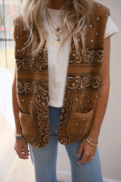 Chaleco tipo chaqueta con estampado de cachemira sherpa marrón con bolsillos, estilo Western