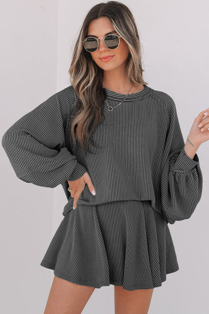 Sky Blue Corded Lantern Sleeve Top High Waist Ruffled Mini Skort Set - Snoopy's Closet