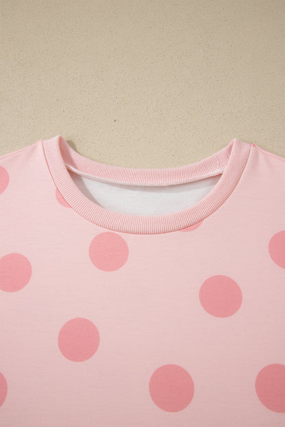 Pink Polka Dot Print Loose Tee Drawstring Elastic Waist Short Set - Snoopy's Closet