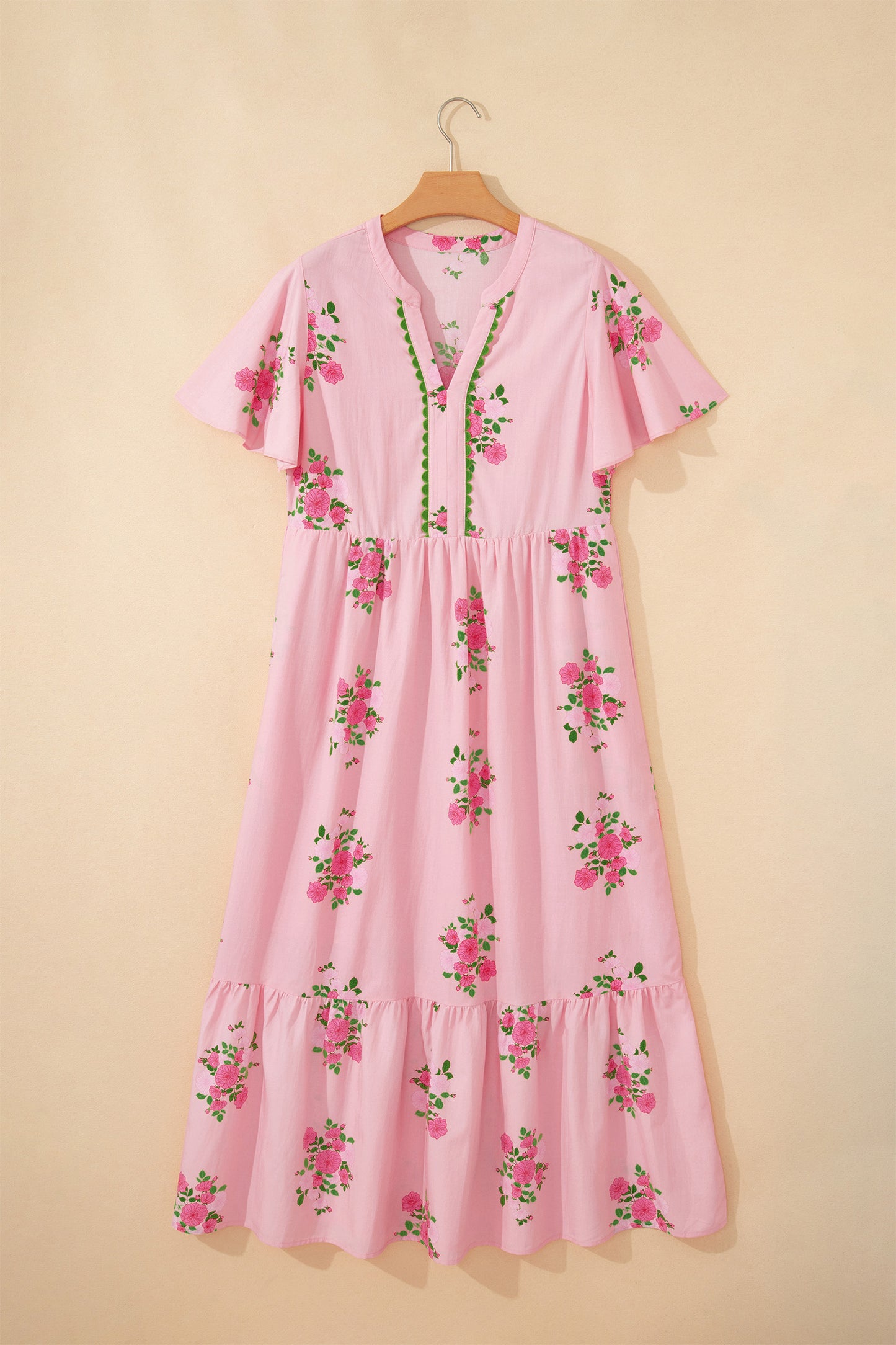 Pink Notched Neck Flutter Short Sleeve Floral Print Maxi Dress - Snoopy's Closet