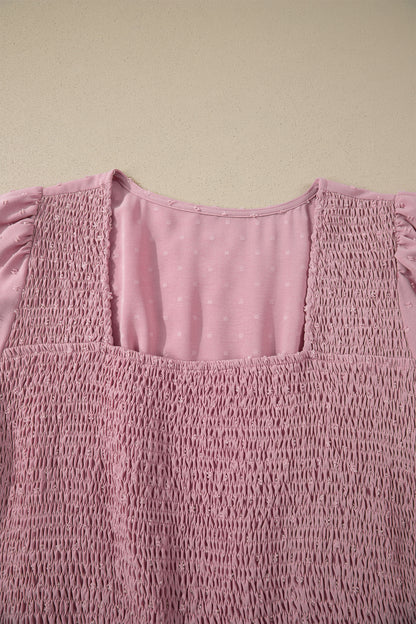 Vestido Midi Fluido Rosa Talla Grande con Manga Corta, Puntos Suizos y Cintura Fruncida