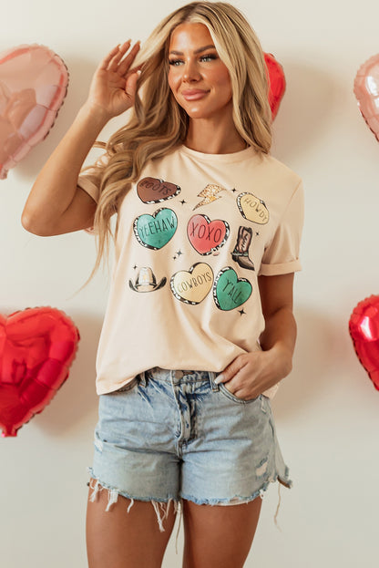 Camiseta Gráfica de San Valentín Estilo Western Color Caqui