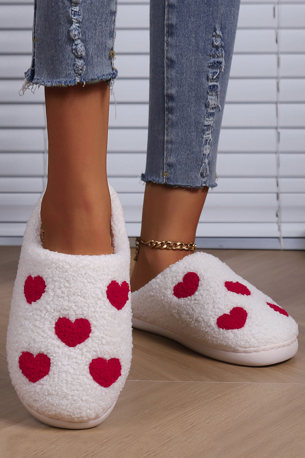White Valentines Day Hearts Print Plush House Slippers - Snoopy's Closet