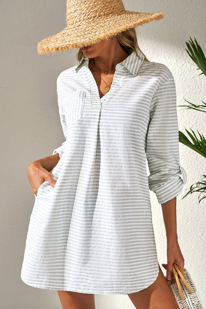 White Stripe Collared V Neck Chest Pocket Long Sleeve Beach Cover up - Snoopy's Closet