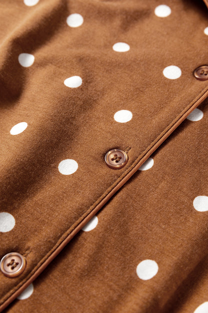 Brown Polka Dot Print Long Sleeve Shirt Pant 2pcs Pajama Set - Snoopy's Closet