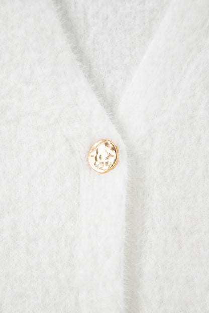 White Fuzzy Buttoned Front Midi Solid Cardigan - Snoopy's Closet