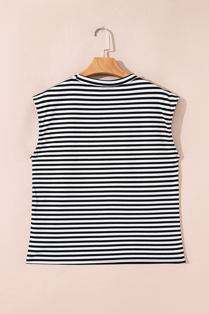 Black Stripe Ribbed Cap Sleeve Round Neck T Shirt - Snoopy's Closet