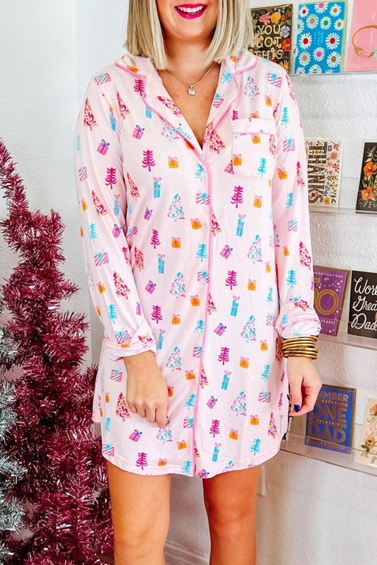 Pink Christmas Twinkle Tree Print Shirt Sleep Dress - Snoopy's Closet
