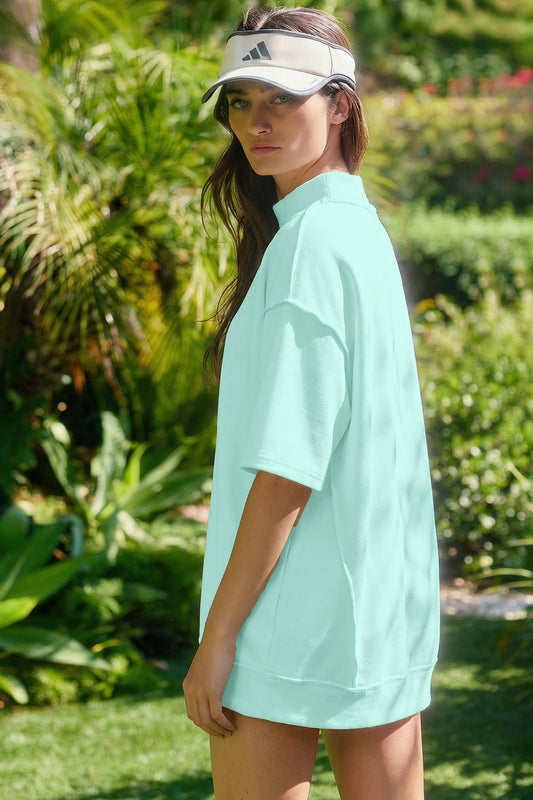 Moonlight Jade Solid Color Exposed Seam Mock Neck Oversize Tee Casual Shorts 2pcs Outfit - Snoopy's Closet