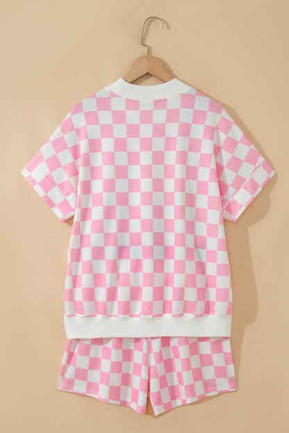 Pink Checkered Print Color Block Trim Mock Neck Short Set - Snoopy's Closet