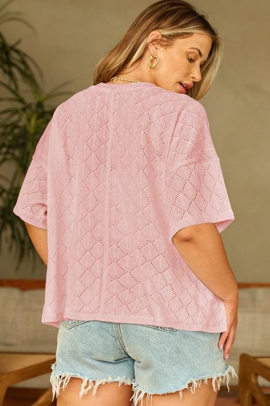 Top suelto de punto calado rosa claro con cuello de pico, talla grande