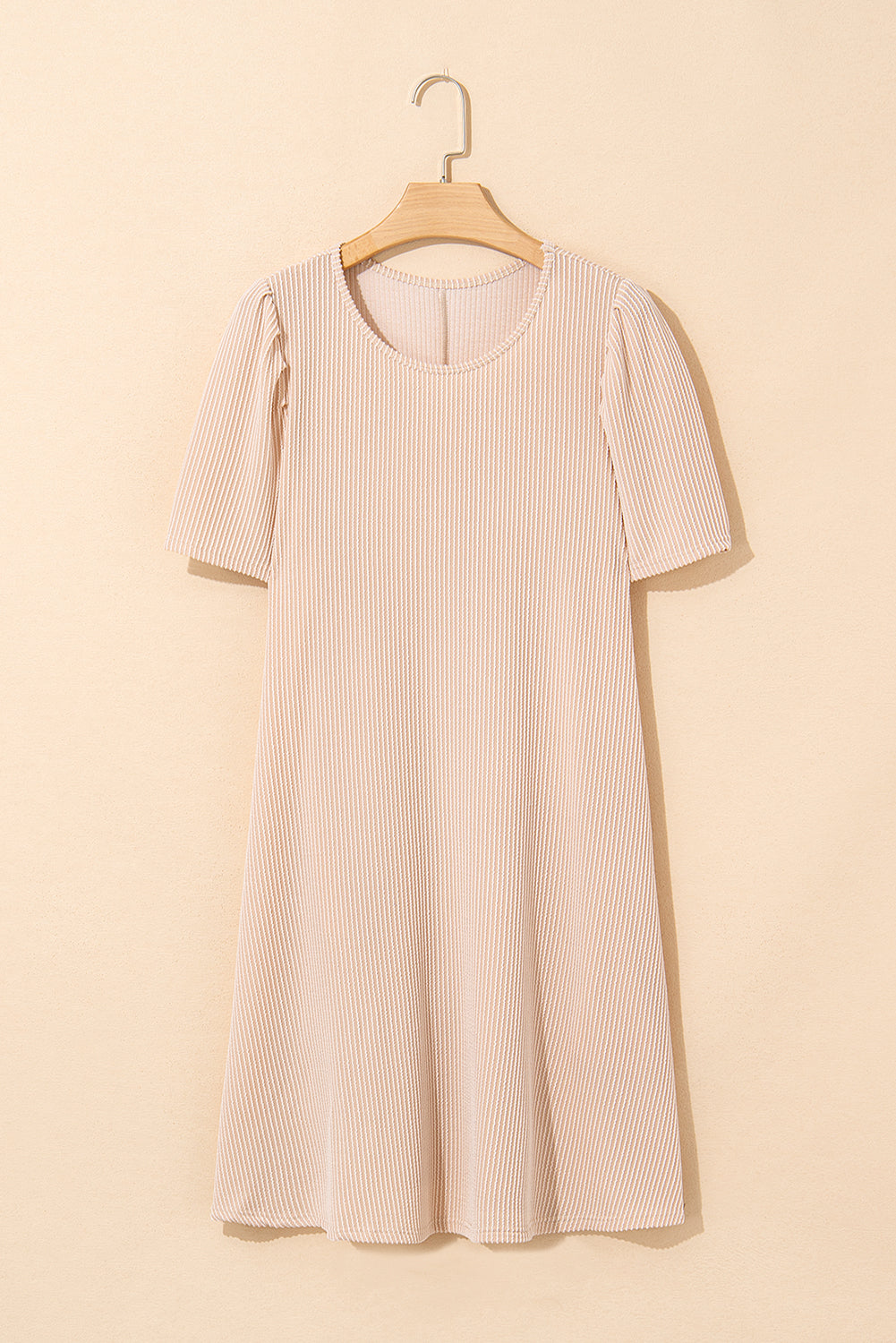 Parchment Corded Knit Crew Neck Puff Sleeve Shift Mini Dress - Snoopy's Closet