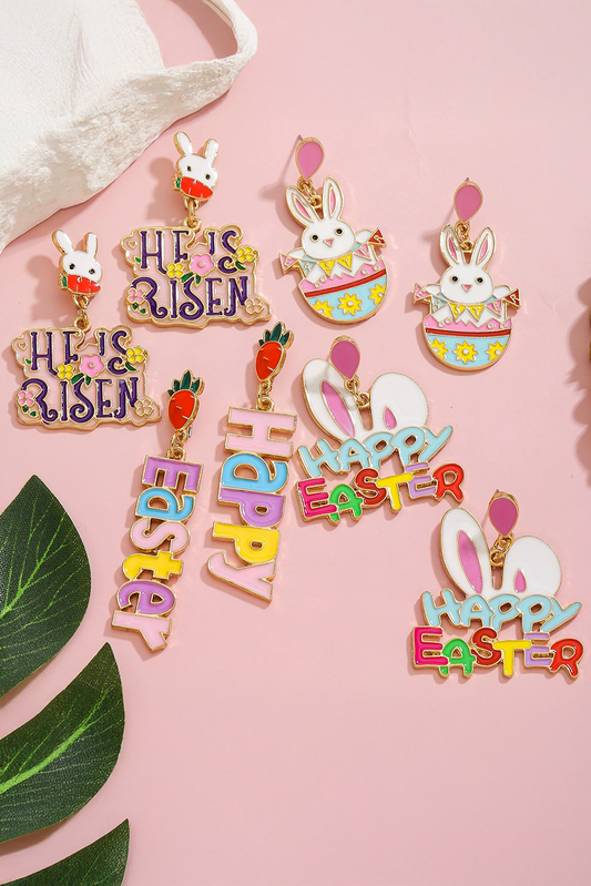 Pink Happy Easter Bunny Ear Pattern Stud Dangle Earrings - Snoopy's Closet