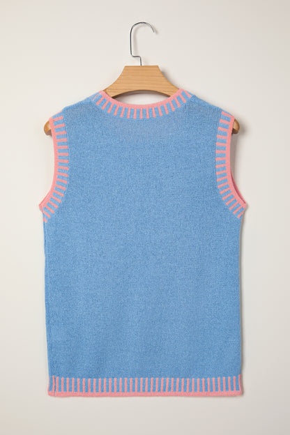 Sky Blue Contrast Trim Round Neck Sleeveless Sweater - Snoopy's Closet