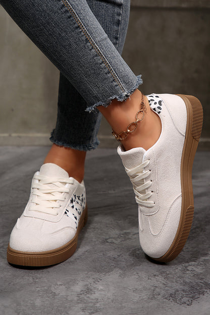 White Suede Leopard Color Block Trim Lace-up Casual Shoes - Snoopy's Closet