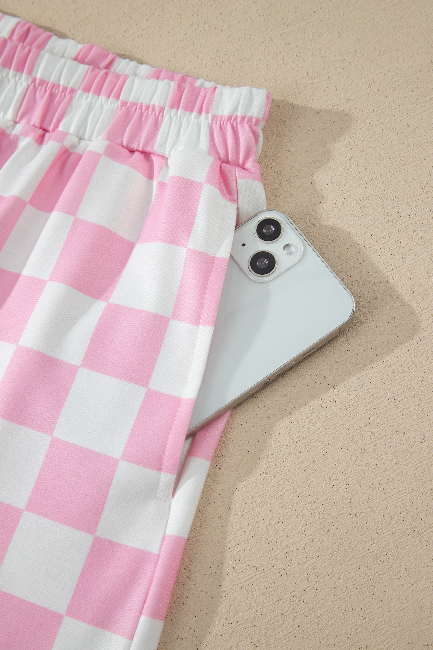Pink Checkered Print Color Block Trim Mock Neck Short Set - Snoopy's Closet