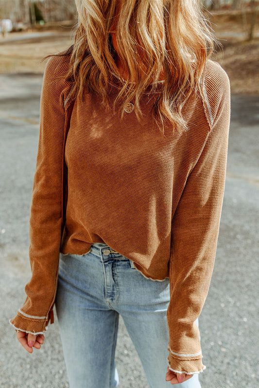 Brown Textured Round Neck Long Sleeve Top - Snoopy's Closet