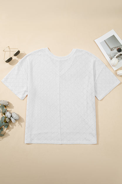 Top suelto de punto calado blanco con escote de pico y rombos, talla grande