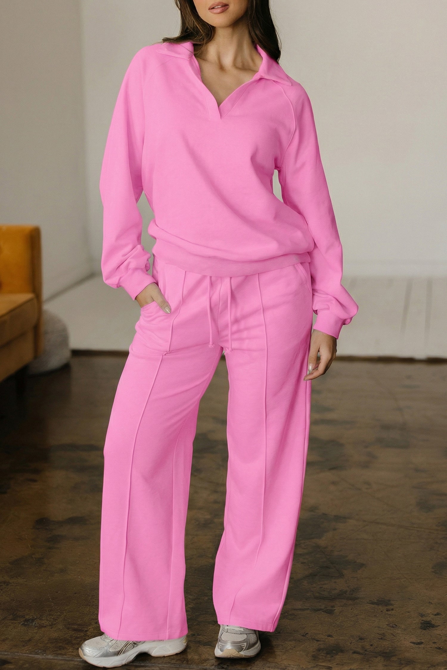 Bright Pink Polo Collar V Neck Pullover and Drawstring Sweatpants Set - Snoopy's Closet