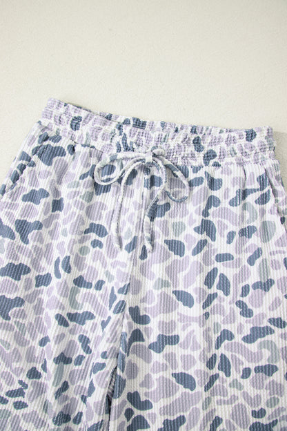 Beige Camouflage Print Twisted Rib Loose Tee Drawstring Pants Set - Snoopy's Closet