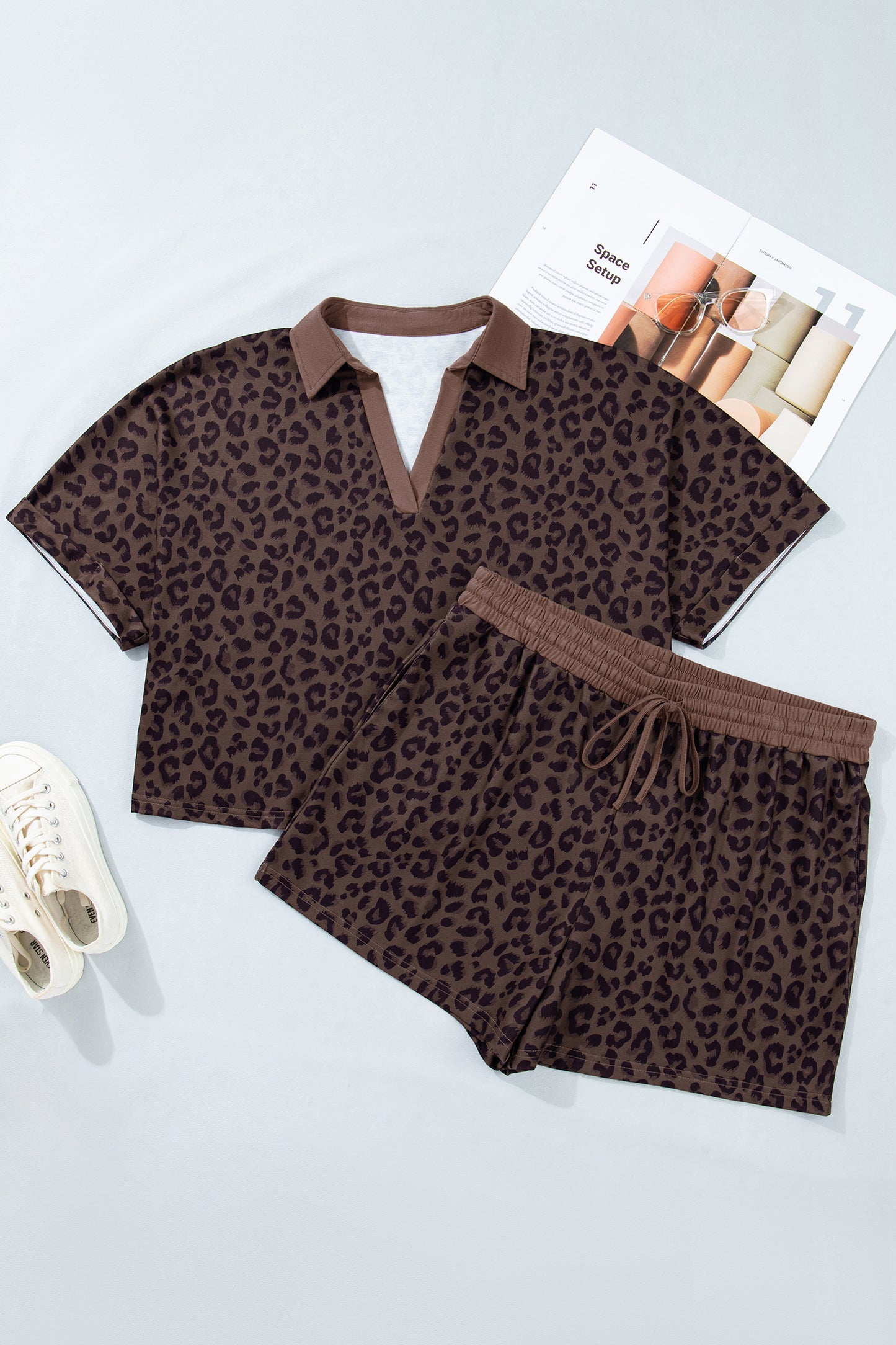 Conjunto corto de leopardo talla grande color café