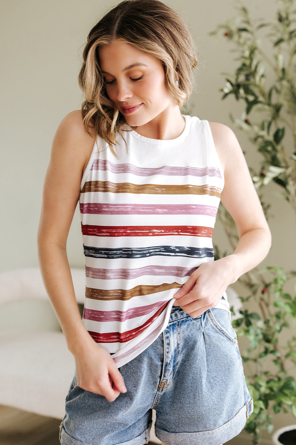 Red Stripe Rainbow Round Neck Tank Top - Snoopy's Closet