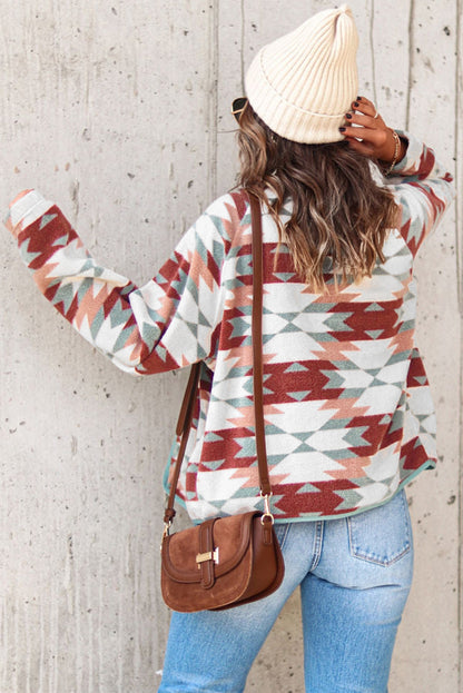 Chaqueta de forro polar con cremallera y botones, diseño azteca del oeste, color rojo fuego