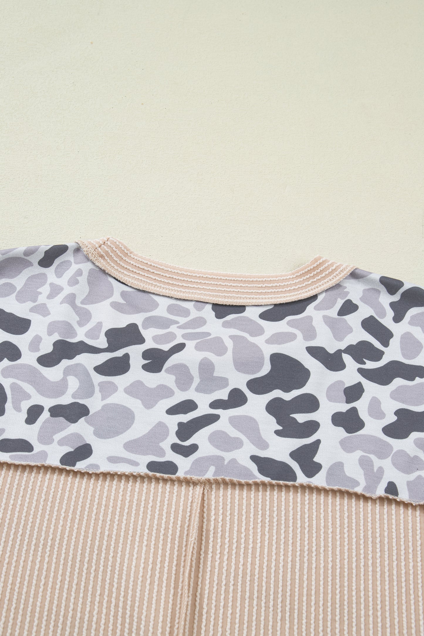 Gray Camouflage Print Twisted Ribbed Patchwork Casual T Shirt - Snoopy's Closet
