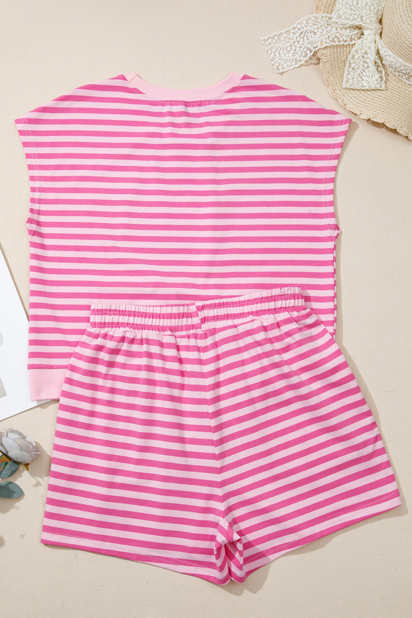 Pink Stripe Cap Sleeve Tee Elastic Waist Shorts 2pcs Outfit - Snoopy's Closet